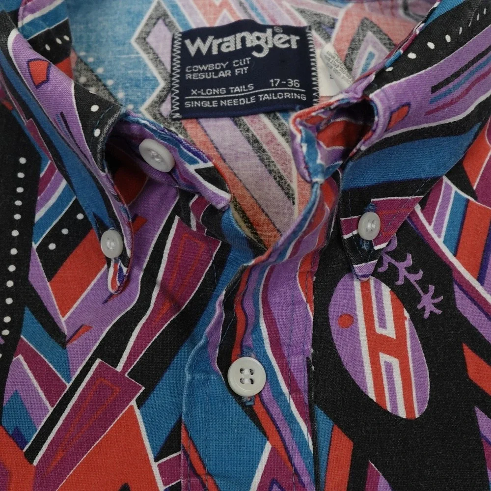 Vintage Wrangler Shirt Mens 17-36 Cowboy Western X Long Tail Brushpopper Native
